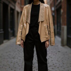 Bagatelle Collection Womens Faux Leather Waterfall Jacket With Suede Trim S Beig